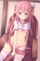 Rule 34 | 1girl, bad id, bad pixiv id, blouse, blurry, blush, breasts, clothes lift, clothes pull, depth of field, highres, light purple hair, long hair, looking at viewer, microskirt, navel, open clothes, open skirt, original, panties, pink panties, pink skirt, pink thighhighs, pleated skirt, purple eyes, school uniform, serafuku, shirt, shirt lift, side-tie panties, sitting, skirt, skirt pull, small breasts, solo, striped clothes, striped panties, striped thighhighs, thighhighs, thighs, tsuruse, two side up, underboob, underwear, very long hair, white shirt, white thighhighs