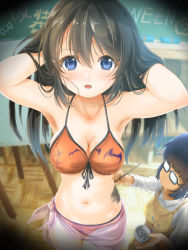 Rule 34 | 2girls, apron, armpits, bikini, black hair, bodypaint, breasts, brush, chalkboard, cleavage, glasses, hands in hair, long hair, multiple girls, one-piece swimsuit, original, painting (action), red one-piece swimsuit, sash, swimsuit, tachiinu