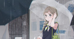 1girl bag black_umbrella blurry braid brown_hair depth_of_field glasses highres holding holding_umbrella long_hair morison oil-paper_umbrella original outdoors parasol rain red_umbrella school_bag school_uniform semi-rimless_eyewear serafuku shared_umbrella solo transparent transparent_umbrella twin_braids twintails umbrella upper_body water_drop