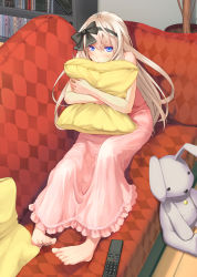 Rule 34 | 1girl, barefoot, blue eyes, book, bookshelf, brown hair, controller, couch, hair ribbon, hairband, highres, indoors, long hair, nightgown, nueco, original, pajamas, pillow, red upholstery, remote control, ribbon, sitting, solo, stuffed animal, stuffed rabbit, stuffed toy