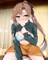 Rule 34 | 1girl, 1other, absurdres, akigumo (kancolle), bad id, bad pixiv id, blue bra, bra, breasts, brown hair, clothes lift, commentary request, condom, condom wrapper, curtains, green eyes, green sweater, hair ribbon, highres, ibuki grunt, kantai collection, long hair, looking at viewer, medium breasts, mole, mole under eye, mouth hold, orange skirt, ponytail, ribbon, skirt, straddling, sweater, sweater lift, twitter username, underwear