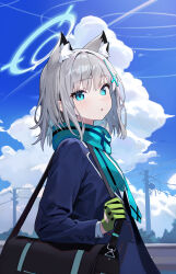 Rule 34 | 1girl, absurdres, animal ear fluff, animal ears, bag, black jacket, blazer, blue archive, blue eyes, blue halo, blue scarf, blue sky, blush, cloud, cross hair ornament, cumulonimbus cloud, day, extra ears, gloves, green gloves, grey hair, hair ornament, halo, highres, jacket, loloco, long sleeves, looking at viewer, medium hair, mismatched pupils, outdoors, parted lips, revision, scarf, school bag, shiroko (blue archive), sky, solo, upper body, wolf ears