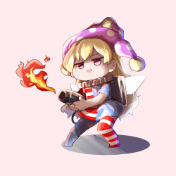 Rule 34 | 1girl, american flag dress, american flag pants, bag, berusuke (beru no su), blonde hair, chibi, clownpiece, commentary request, dress, fairy wings, fire, grey bag, gun, hands up, hat, holding, holding weapon, jester cap, long hair, neck ruff, no shoes, open mouth, pants, pink background, pink hat, polka dot, purple eyes, shaded face, shadow, short sleeves, simple background, smile, smug, solo, standing, star (symbol), star print, striped clothes, striped dress, striped pants, touhou, weapon, wings