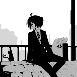 Rule 34 | 1girl, ahoge, bag, baguette, black suit, bread, cat, cityscape, commentary, drill hair, food, formal, greyscale, handrail, heart, heart tail, kasane teto, looking at animal, looking to the side, monochrome, neck ribbon, np eny, ribbon, shopping bag, short hair, signature, sitting, solo, suit, tail, twin drills, utau