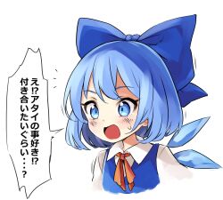 Rule 34 | 1girl, blue bow, blue dress, blue eyes, blue hair, blush, bow, cirno, collared shirt, commentary, dress, fairy, hair bow, highres, ice, ice wings, open mouth, pinafore dress, portrait, shirt, short hair, simple background, sleeveless, sleeveless dress, solo, speech bubble, tatuhiro, touhou, translated, white background, white shirt, wings