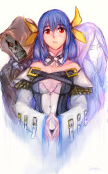 Rule 34 | 1girl, asymmetrical wings, bad id, bad pixiv id, bare shoulders, blue hair, breasts, cleavage, detached collar, detached sleeves, dizzy (guilty gear), guilty gear, highres, looking at viewer, medium breasts, mismatched wings, necro (guilty gear), red eyes, ribbon, seraph (salafu), skull, solo, steepled fingers, undine (guilty gear), yellow ribbon