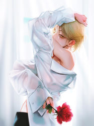 Rule 34 | 1boy, arm up, bare shoulders, between fingers, blonde hair, blouse, blurry, collared shirt, curtains, depth of field, duckchuni, eyelashes, flower, from side, hair between eyes, half updo, hand on own head, highres, holding, holding flower, indoors, korean commentary, leaning back, long sleeves, looking at viewer, male focus, midriff peek, off shoulder, original, red flower, red rose, rose, see-through, see-through silhouette, shirt, solo, upper body, white shirt