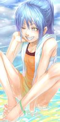 Rule 34 | 1girl, anklet, barefoot, blue hair, fangs, feet, grin, highres, inugoro, inumaro (inugoro), jewelry, one eye closed, ponytail, smile, solo, teeth, water, wink, yellow eyes