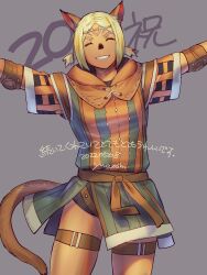 Rule 34 | 1girl, 2022, ^ ^, adventurer (ff11), animal ears, artist name, blonde hair, brown tail, cat ears, cat girl, cat tail, circlet, closed eyes, cowboy shot, dark-skinned female, dark skin, dated, final fantasy, final fantasy xi, grey background, grin, highres, legs apart, mithra (ff11), no eyebrows, outstretched arms, parted bangs, short hair, short twintails, simple background, smile, solo, spread arms, standing, tail, thigh strap, twintails, yuccoshi