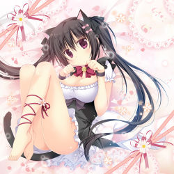 Rule 34 | 1girl, animal ears, barefoot, bell, black hair, black ribbon, bow, bowtie, breasts, cat ears, cat girl, cat tail, cleavage, commentary request, daisy, dress, extra ears, flower, frilled skirt, frilled sleeves, frills, hair between eyes, hair bow, hair ornament, hair ribbon, hands up, jingle bell, knees up, korie riko, large breasts, long hair, looking at viewer, original, paw pose, pink bow, puffy short sleeves, puffy sleeves, purple bow, purple eyes, red bow, red bowtie, ribbon, short dress, short sleeves, skirt, solo, tail, toenails, toes, twintails, very long hair, white flower, wrist straps