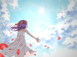 Rule 34 | 1girl, bare shoulders, blue sky, dress, facing away, flower, haika nagi, head wreath, highres, jellymog, lens flare, long hair, motion blur, outstretched arms, petals, purple hair, red flower, red rose, rose, rose petals, sky, solo, spaghetti strap, sun, utau, white dress