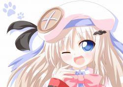 Rule 34 | 1girl, bat (animal), blonde hair, blue eyes, bow, hair ornament, hairclip, hat, kagerou (kers), kers, little busters!, noumi kudryavka, one eye closed, open mouth, school uniform, smile, solo, wink