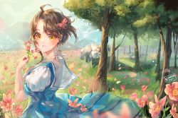 Rule 34 | 1girl, black hair, blue sailor collar, bow, brown eyes, commentary, dress, english commentary, field, flower, flower field, from side, hair bow, hand up, holding, holding flower, kobutanori, landscape, looking at viewer, looking to the side, original, parted bangs, parted lips, pink bow, pink flower, pleated dress, puffy short sleeves, puffy sleeves, rock, sailor collar, sailor dress, shirt, short sleeves, sleeveless, sleeveless dress, solo, tree, white sailor collar, white shirt