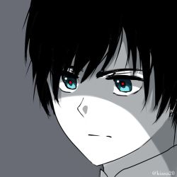 Rule 34 | 10s, 1boy, black hair, blue eyes, commentary request, darling in the franxx, grey background, hiro (darling in the franxx), kiasa20, male focus, monochrome, red pupils, short hair, signature, simple background, solo