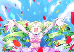 Rule 34 | 1girl, bare shoulders, blue sky, blush, closed eyes, cloud, collar, colored eyelashes, detached sleeves, dress, drill hair, falling petals, falulu, grey hair, happy, headphones, idol, open mouth, outstretched arms, petals, pink dress, pretty series, pripara, sky, solo, treble clef, twin drills, white collar, white sleeves, xxogorexx