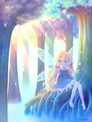 Rule 34 | 1girl, barefoot, blonde hair, blue eyes, blue hair, blue skirt, blush, breasts, cleavage, closed mouth, commentary request, day, fairy, fairy wings, forest, frilled skirt, frills, gradient hair, highres, long hair, looking at viewer, medium breasts, multicolored hair, nature, original, outdoors, puffy short sleeves, puffy sleeves, sakurato ototo shizuku, shirt, short sleeves, sitting, skirt, smile, solo, suspender skirt, suspenders, transparent wings, tree, very long hair, water, white shirt, wings
