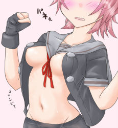 Rule 34 | 10s, 1girl, between breasts, black gloves, blush, breasts, fingerless gloves, gloves, groin, head out of frame, jack (slaintheva), kantai collection, kinu (kancolle), kinu kai ni (kancolle), medium breasts, navel, no bra, open clothes, open mouth, open shirt, pantyhose, red hair, shirt, short hair, solo, translation request, underboob