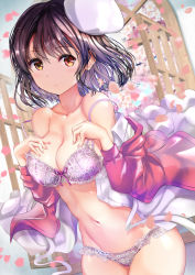 Rule 34 | 1girl, absurdres, bare shoulders, beret, blush, bra, breasts, brown eyes, brown hair, cherry blossoms, cleavage, collarbone, drawing, dress, hands on own chest, hat, highres, katou megumi, lingerie, long hair, looking at viewer, medium breasts, navel, ogata tei, open mouth, panties, ribbon, saenai heroine no sodatekata, shiny skin, short hair, smile, solo, sweater, underwear, undressing, white hat, window