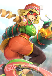 Rule 34 | 1girl, arms (game), ass, beanie, blonde hair, domino mask, dragon (arms), eyebrows visible through mask, food, gonzarez, green eyes, hat, highres, knit hat, mask, min min (arms), noodles, ramram (arms), ribbon hair, solo