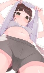 Rule 34 | 1girl, :o, blunt bangs, blush, bra, breasts, brown eyes, brown hair, clothes lift, commentary request, from below, grey shorts, highres, hiroki (yyqw7151), lifted by self, long hair, looking at viewer, navel, original, shirt, shirt lift, shorts, simple background, small breasts, solo, thighs, underwear, white background, white bra, white shirt