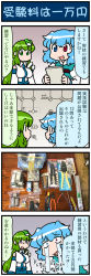 Rule 34 | 2girls, 4koma, artist self-insert, blue eyes, blue hair, boxcutter, closed eyes, comic, commentary request, crimping tool, crying, crying with eyes open, detached sleeves, diagram, electrical tape, frog hair ornament, gradient background, green eyes, green hair, hair ornament, hair tubes, heterochromia, highres, japanese clothes, juliet sleeves, knife, kochiya sanae, long hair, long sleeves, mizuki hitoshi, multiple girls, nontraditional miko, open mouth, photo (medium), photo inset, pliers, puffy sleeves, red eyes, ruler, short hair, smile, snake hair ornament, streaming tears, sweatdrop, table, tatara kogasa, tears, tools, touhou, translation request, vest, wide sleeves, wire cutters, wire stripper