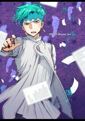 Rule 34 | 1boy, blurry, commentary request, dated, depth of field, diamond wa kudakenai, earrings, green eyes, green hair, headband, jewelry, jojo no kimyou na bouken, kishibe rohan, korean commentary, letterboxed, male focus, open mouth, paper, pointing, pointing at viewer, purple background, solo, tianel ent, twitter username, upper body