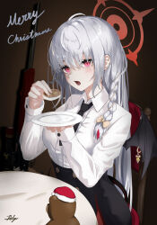 Rule 34 | 1girl, absurdres, ahoge, black necktie, black skirt, black tail, black wings, blue archive, blush, braid, breasts, chaciooh, chair, christmas, collared shirt, demon wings, food, grey hair, gun, halo, haruna (blue archive), highres, holding, holding food, holding plate, indoors, large breasts, long hair, long sleeves, looking at viewer, merry christmas, necktie, open mouth, plate, red eyes, red halo, shirt, side braid, signature, single wing, sitting, skirt, solo, weapon, white shirt, wings