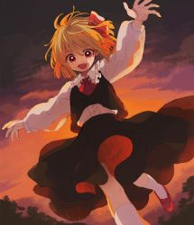 Rule 34 | 1girl, ascot, blonde hair, blouse, blush, bow, dress shirt, evening, fang, hair ribbon, ka (marukogedago), long sleeves, looking at viewer, mary janes, necktie, open mouth, outstretched arms, red eyes, red footwear, red neckwear, ribbon, rumia, shirt, shoes, short hair, skirt, skirt set, sky, socks, solo, spread arms, touhou, vest, white shirt, white socks