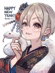 black_kimono blush braid chinese_zodiac dated earrings fingernails floral_print grey_hair happy_new_year highres idolmaster idolmaster_cinderella_girls japanese_clothes jewelry kanishan kimono looking_at_viewer nail_polish new_year shiomi_syuko short_hair smile snake upper_body white_snake year_of_the_snake