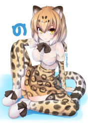 Rule 34 | 10s, 1girl, :3, animal ears, breasts, collar, elbow gloves, eyebrows, eyelashes, fluffy collar, footwear ribbon, full body, gloves, gradient hair, hair between eyes, hassen (8cm), jaguar (kemono friends), jaguar ears, jaguar tail, japari symbol, kemono friends, knee up, large breasts, light brown hair, looking at viewer, multicolored hair, neck ribbon, pocket, puddle, ribbon, ribbon-trimmed clothes, ribbon-trimmed skirt, ribbon trim, see-through, shirt, shoes, short hair, sidelocks, sitting, skirt, smile, socks, solo, tail, thighhighs, twitter username, two-tone hair, water, wet, wet clothes, wet shirt, white background, white shirt, yellow eyes