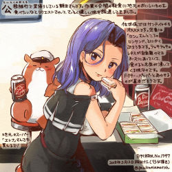 Rule 34 | 1girl, admiral (kancolle), animal, black dress, colored pencil (medium), commentary request, dated, dress, food, halo, hamster, holding, holding food, kantai collection, kirisawa juuzou, mechanical halo, non-human admiral (kancolle), numbered, purple eyes, purple hair, remodel (kantai collection), sandwich, short hair, smile, tatsuta (kancolle), traditional media, translation request, twitter username