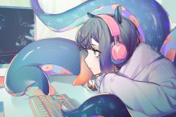 Rule 34 | 1girl, black hair, casual, commentary, english commentary, expressionless, from side, grey eyes, headphones, highres, hololive, hololive english, keyboard (computer), long sleeves, monitor, ninomae ina&#039;nis, profile, sleeves past wrists, solo, tentacle hair, tentacles, upper body, virtual youtuber, ysoroth
