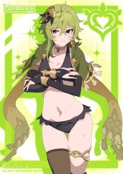 Rule 34 | 1girl, aoi suzu, armlet, bikini, black bikini, blush, bracelet, breasts, bridal gauntlets, brown choker, capelet, choker, cleavage, collei (genshin impact), covering privates, covering breasts, detached sleeves, genshin impact, green capelet, green hair, hair ornament, halterneck, highres, jewelry, long hair, looking at viewer, medium breasts, navel, neck ring, purple eyes, scarf, solo, stomach, swimsuit, thighs, yellow scarf