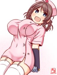 Rule 34 | 1girl, alternate costume, arms behind back, artist logo, braid, braided hair rings, breasts, brown hair, chougei (kancolle), commentary request, cowboy shot, dated, dress, dutch angle, garter straps, gloves, grey eyes, grey gloves, hair rings, hat, kanon (kurogane knights), kantai collection, large breasts, long hair, looking at viewer, nurse, nurse cap, one-hour drawing challenge, open mouth, pink dress, pink hat, simple background, smile, solo, standing, thighhighs, twin braids, white background