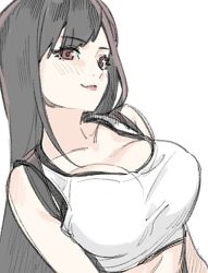 1girl bare_arms bare_shoulders black_hair blush breasts cleavage closed_mouth collarbone commentary_request crop_top crow0cc final_fantasy final_fantasy_vii final_fantasy_vii_remake large_breasts lips long_hair looking_at_viewer red_eyes red_lips smile solo suspenders tank_top tifa_lockhart upper_body white_background white_tank_top