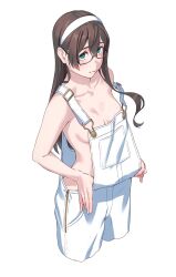 Rule 34 | 1girl, bare shoulders, black hair, blue eyes, breasts, closed mouth, glasses, headband, highres, kantai collection, long hair, looking at viewer, naked overalls, ooyodo (kancolle), overalls, semi-rimless eyewear, simple background, small breasts, solo, strap slip, white background, white headband, white overalls, yuuji (and)