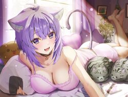 Rule 34 | 1girl, absurdres, ahoge, animal ear fluff, animal ears, barefoot, black collar, blush, breasts, cat, cat ears, cat girl, cat tail, collar, fang, highres, hololive, inugami korone (dog), large breasts, looking at viewer, lying, medium hair, nekomata okayu, on stomach, open mouth, pink shirt, pink shorts, plant, potted plant, purple eyes, purple hair, shirt, shorts, smile, solo, tail, the pose, torakichi 888, virtual youtuber