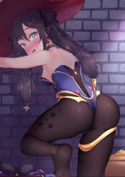 Rule 34 | 1girl, acg edit, against wall, animated, ass, ass shake, bare shoulders, black pantyhose, blue eyes, blue leotard, blush, breasts, embarrassed, from behind, genshin impact, green eyes, hair ornament, hair ribbon, hat, leotard, live2d, long hair, looking at viewer, looking back, lowres, medium breasts, mona (genshin impact), open mouth, pantyhose, purple hair, ribbon, shiny clothes, sideboob, solo, sound, standing, standing on one leg, star (symbol), star hair ornament, thick thighs, thighlet, thighs, twintails, very long hair, video, witch hat