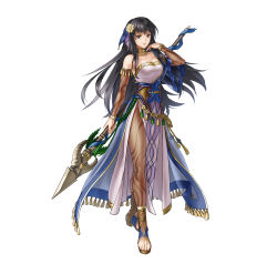 Rule 34 | 1girl, absurdres, bare shoulders, black eyes, black hair, breasts, cleavage, collarbone, commentary request, dress, fire emblem, fire emblem: the blazing blade, fire emblem heroes, full body, gold trim, hair ornament, hand up, highres, holding, holding weapon, karla (fire emblem), kita senri, loincloth, long hair, medium breasts, nintendo, official art, pantyhose, parted lips, polearm, shiny clothes, short sleeves, side slit, simple background, spear, strapless, strapless dress, toeless footwear, toes, weapon, white background, wide sleeves
