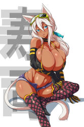Rule 34 | 1girl, :p, :q, animal ears, bare shoulders, blue eyes, breasts squeezed together, breasts, bursting breasts, cat ears, cat tail, checkered clothes, checkered legwear, cleavage, dark-skinned female, dark skin, elbow gloves, eyewear on head, gloves, hair ornament, huge breasts, kaiten muten-maru, long hair, micro shorts, navel, nekomamire, ponytail, shamu meruruusa, short shorts, shorts, sitting, smile, solo, sunglasses, tail, thighhighs, tongue, tongue out, white hair