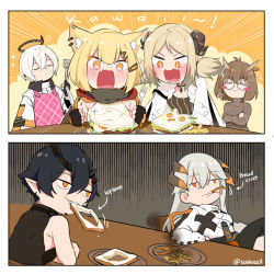 Rule 34 | 2boys, 4girls, arknights, blush, bread, bread slice, burger, burnt food, demon horns, dragon horns, eating, egg (food), english text, executor (arknights), feather hair, flamebringer (arknights), food, food in mouth, fork, french fries, fried egg, fried egg on toast, halo, highres, horns, ifrit (arknights), knife, material growth, mouth hold, multiple boys, multiple girls, oripathy lesion (arknights), owl ears, sandwich, saria (arknights), sashacall, silence (arknights), smile, spatula, toast, toast in mouth, vermeil (arknights)