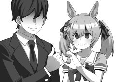 Rule 34 | 1boy, 1girl, absurdres, animal ears, aramori susumu, blush, collarbone, commentary request, empty eyes, faceless, faceless male, false smile, hair between eyes, hair ornament, hair ribbon, heart hands failure, highres, horse ears, looking at viewer, meme, monochrome, portrait, ribbon, school uniform, smart falcon (umamusume), smile, thumbs up, tracen school uniform, trainer (umamusume), translation request, umamusume, white background