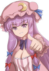 Rule 34 | blue bow, bow, breasts, chinese commentary, commentary request, crescent, crescent hat ornament, dress, hand up, hat, hat ornament, highres, long hair, long sleeves, looking at viewer, md5 mismatch, namiki (remiter00), patchouli knowledge, purple dress, purple eyes, purple hair, purple headwear, purple neckwear, purple sleeves, red bow, simple background, small breasts, smile, teeth, touhou, white background