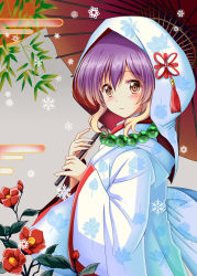 Rule 34 | 1girl, alternate costume, beads, blush, brown eyes, brown hair, closed mouth, commentary request, egasumi, floral print, from side, gradient hair, hijiri byakuren, holding, holding umbrella, hood, japanese clothes, kimono, long sleeves, looking at viewer, looking to the side, multicolored hair, oil-paper umbrella, ougi (ihayasaka), prayer beads, purple hair, revision, sidelocks, smile, snowflakes, solo, touhou, uchikake, umbrella, upper body, white hood, wide sleeves
