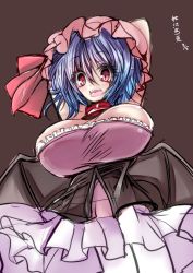 Rule 34 | 1girl, adapted costume, aged up, alternate breast size, alternate costume, bat wings, blue hair, breasts, bursting breasts, choker, cleavage, corset, dated, dress, fang, hat, highres, huge breasts, looking at viewer, makurakabar, mob cap, red eyes, remilia scarlet, short hair, simple background, solo, surprised, touhou, translation request, wings