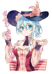 Rule 34 | 1girl, ascot, atelier (series), back bow, bad id, bad pixiv id, blue eyes, blue hair, bow, breasts, cleavage, closed mouth, hair between eyes, hat, hat bow, looking at viewer, nelke to densetsu no renkinjutsushi tachi, nelke von luchetam, ryuuno6, short hair, side ponytail, simple background, smile, solo, striped, striped bow, translation request, upper body, white background