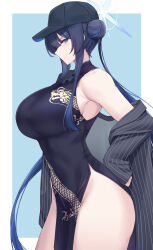 Rule 34 | 1girl, absurdres, bare shoulders, baseball cap, black dress, black hat, blue archive, blue eyes, blue hair, border, breasts, china dress, chinese clothes, commentary, cosplay, cowboy shot, dragon print, dress, groin, hair bun, hat, highres, huge breasts, kanta (kanta 077), kisaki (blue archive), kisaki (blue archive) (cosplay), long hair, looking at viewer, off shoulder, outside border, print dress, saori (blue archive), sleeveless, sleeveless dress, solo, standing, thighs, very long hair, white border