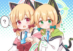 Rule 34 | 2girls, ?, animal ear headphones, animal ears, araki495, blonde hair, blue archive, blue necktie, blush, bow, cat tail, chestnut mouth, closed mouth, collared shirt, fake animal ears, green bow, green eyes, green halo, hair bow, halo, headphones, jacket, long sleeves, midori (blue archive), momoi (blue archive), multiple girls, necktie, open clothes, open jacket, open mouth, pink halo, red bow, red eyes, shirt, short hair, siblings, sisters, spoken question mark, tail, twins, white jacket, white shirt
