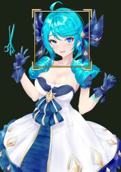 Rule 34 | 1girl, absurdres, ahoge, black background, black bow, black gloves, blue eyes, blue hair, bow, breasts, cleavage, collarbone, commentary, dress, drill hair, gloves, gwen (league of legends), hair ornament, hand up, highres, large breasts, league of legends, medium breasts, puffy sleeves, scissors, simple background, solo, stella splitter, tagme