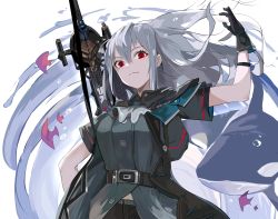 Rule 34 | 1girl, absurdres, arknights, arm behind back, arm up, armband, artist name, ascot, bad id, bad pixiv id, belt, black belt, black gloves, black jacket, black legwear, breasts, bubble, commentary, eyebrows, fish, floating hair, gloves, grey shirt, hand up, head tilt, highres, jacket, long hair, long jacket, looking at viewer, medium breasts, no headwear, orca, pants, red eyes, shirt, short sleeves, sidelocks, silver hair, sirius enjoliao, skadi (arknights), solo, sword, upper body, water, weapon, white background, zweihander